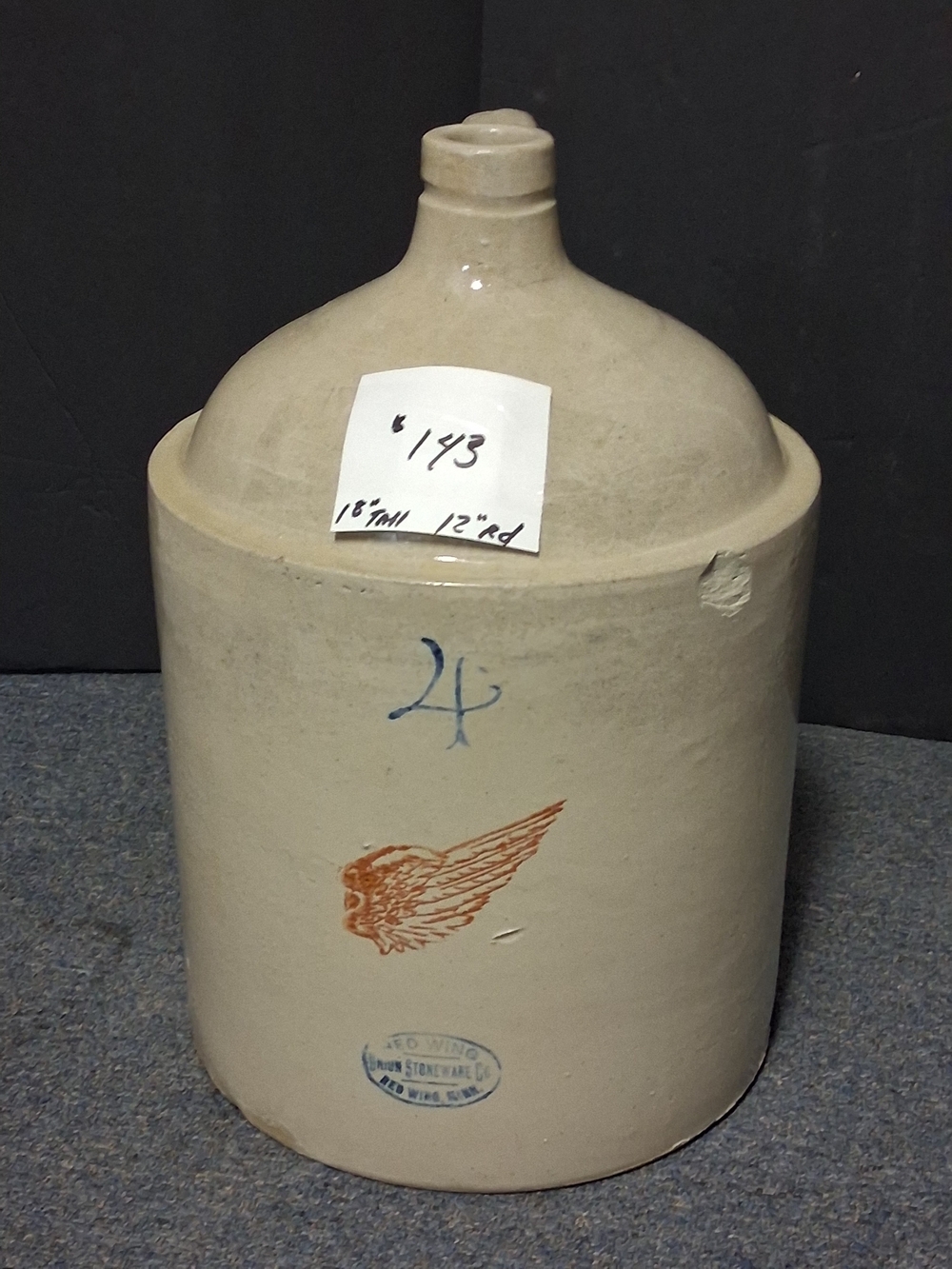 Vintage Red Wing 4 Gallon Stoneware Jug with Wing Decal - Beige